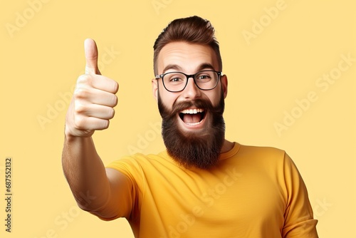 A young man with a long thick beard, surprised and smiling makes a like with his hand.