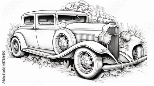 Retro vehicle coloring page with fifties style - white, clip, and a classic silhouette for artful expression.