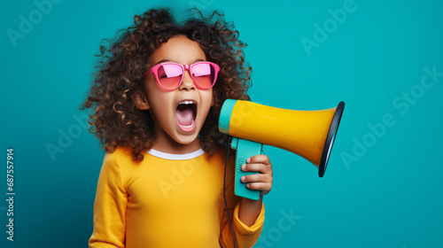 The little boy was holding a megaphone. The photos were taken in the studio to highlight the child's expressiveness and confidence. Carrying a megaphone allows children to express their emotions.
