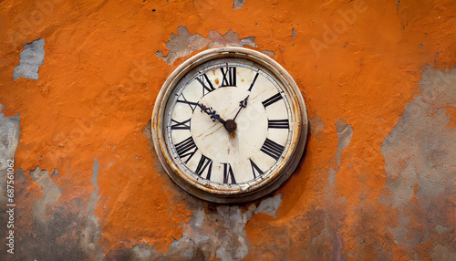 Vielle horloge sur un mur orange très abimé 