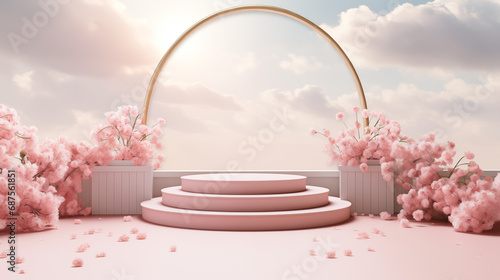 product display podium on pink pastel background with cylinder podium and flowers for women, valentine, mother day. Stage mockup showcase for product, sale, cosmetic and discount. realistic