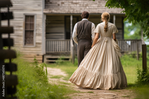 Couple in vintage attire walks together. Concept of historical romance.