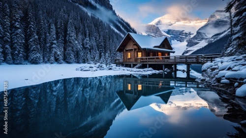 Generative AI image of Stunning blue hour shot of a boat house on a crystal clear winter morning at Lake Louise