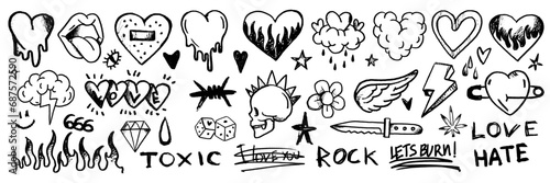 Doodle grunge rock set, hand drawn vector graffiti groovy punk print kit, emo gothic heart sign. Marker scribble sticker, crayon wax paint collage icon, gun, fire, knife, lips. Street grunge doodle