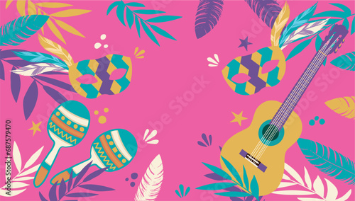 Mardi Gras with masks, maracas, guittar,feathers and tropical leaves on pink background. Banner for holiday celebration, masquerade ball or carnival party invitation. Flat vector illustration.