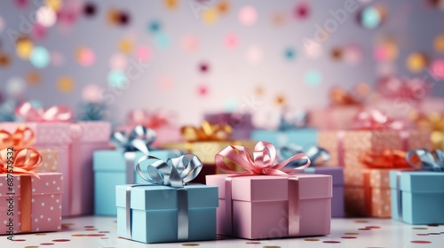 Colourful gift boxes with confetti pastel backdrop