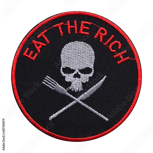 Embroidered patch Eat the Rich, Skull. Jolly Roger Pirate style. Class war. Punk. Accessory for metalheads, punks, rockers, bikers, satanists, emo, street aggressive subcultures.