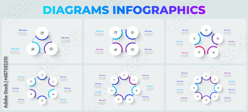 Set of cycle diagrams with 3, 4, 5, 6, 7 and 8 options or steps. Slides for business presentation. Circle abstract elements