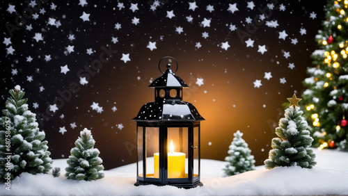 A Festive Lantern Illuminating a Christmas Trees with a Lit Candle