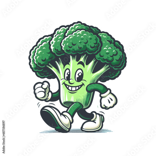 cartoon broccoli mascot, walking, wearing white gloves, isolated on white background, generative ai