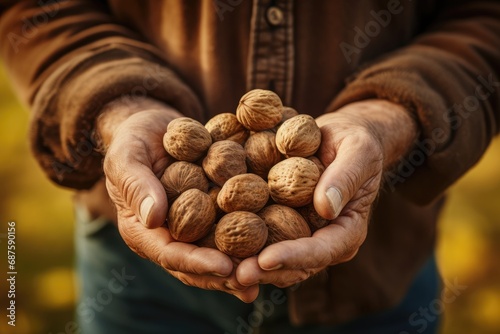 An elderly man shows a handful of round walnuts symbolizes the healthful essence of autumn harvest and nutrition.