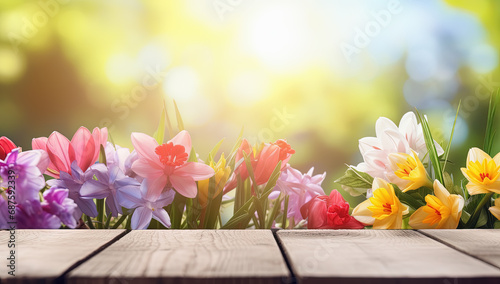 Fondo natural floral de primavera con una tabla de madera en primer plano vacia para mostrar productos comerciales y flores desenfocadas en un campo 