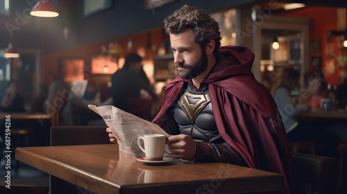 Man in a superhero cape reading a newspaper in a coffee shop. Concept of ordinary moments in extraordinary lives.