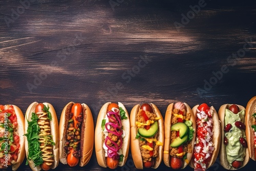 Tasty hot dogs, collection of hot dogs with various fillings on a background, Image for the Menu, Advertising