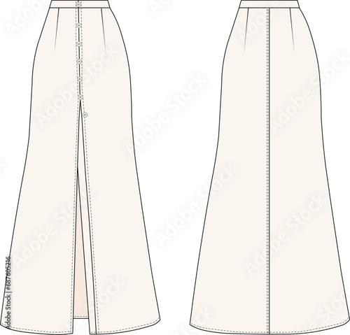 flared a line maxi long skirt with slits template technical drawing flat sketch cad mockup fashion woman