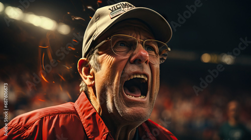 Angry sports coach yelling on the field in a stadium at the game. Concept of intensity, pressure, competitive spirit, discipline, motivation, high stakes