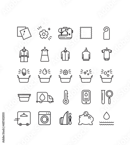 symboles pour pressing, laverie, traitement du linge, nettoyage des vêtements, teinturerie, repassage, couture, entretien, retouche, écologique. linge de maison, habillement.