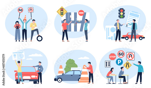 Driving school lessons. Drivers education, prepare examination and giving license. People learning road safety rules, flat abstract recent vector scenes