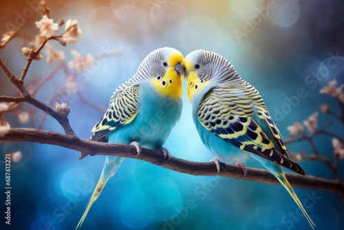 Couple of romantic blue budgies birds on a branch. Love or friendship concept