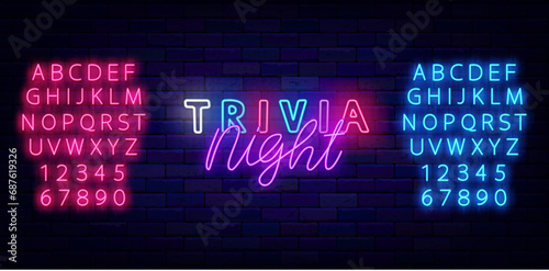 Trivia night neon label. Colorful handwritten text. Quiz time. Shiny pink and blue alphabet. Vector stock illustration