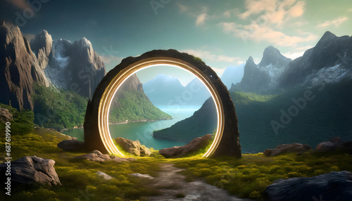 Glowing mystical round circle shaped frame portal in mountainous landscape
