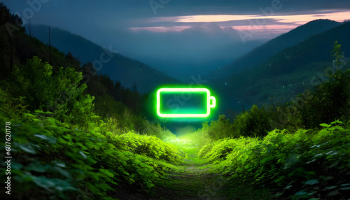 A glowing green battery icon in a mystical mountainous landscape