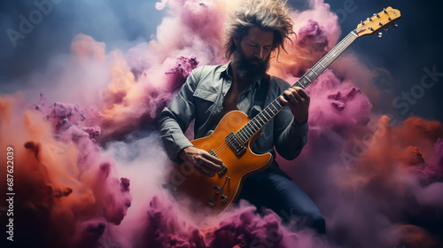 A guitar player making rock during concert. Rock band performs on stage. Guitarist plays solo.