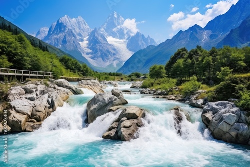 Mountain river in the Himalayas. Landscape with blue water, Baishui River also known as Baishui Tai, AI Generated
