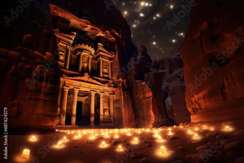 The ancient city of Petra in Jordan at night, with candles, Al Khazneh in Petra, Jordan, at night, AI Generated