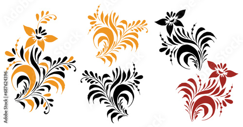 Several elements of patterns and ornaments in the Old Russian style. Vector sprigs of flowers and leaves. For cards, fabric, textiles, advertising, clothing, packaging.