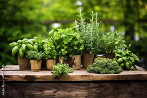 Season Your Meals with Fresh Herbs from Your Garden: a Rustic, Wooden Table Featuring an Abundant Herb Garden