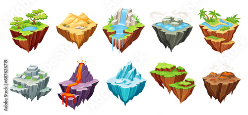 Flying islands. Cartoon lifeless fantasy island with desert crater iced surface, floating ground rock planet land mountain nature game level platforms, neoteric vector illustration