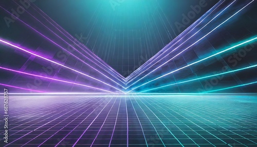 cyan blue and purple grids neon glow light lines design on perspective floor creativity digital internet cyberpunk virtual reality concept hi tech abstract backgroud generative ai
