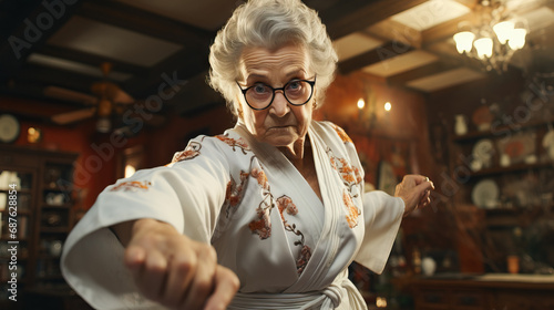 Grandma in karate robes training in a dojo. Concept of active lifestyle, martial arts dedication, and breaking stereotypes with the timeless pursuit of physical and mental well-being.