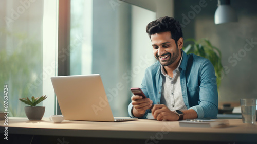 Young indian man using smartphone and laptop