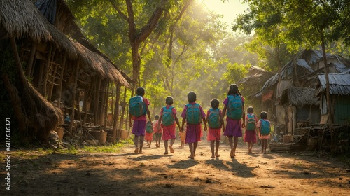 Indian village kids going to school - AI generated