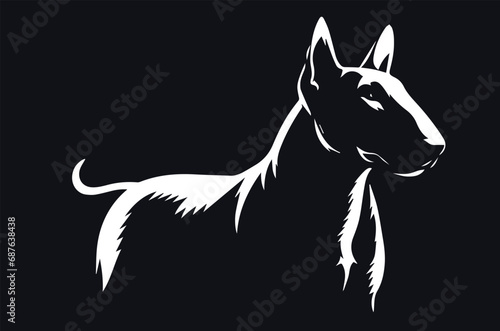White silhouette of a bull terrier on a black background. simple vector illustration. Minimalism