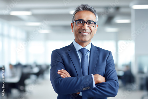 indian businessman standing confidently at office