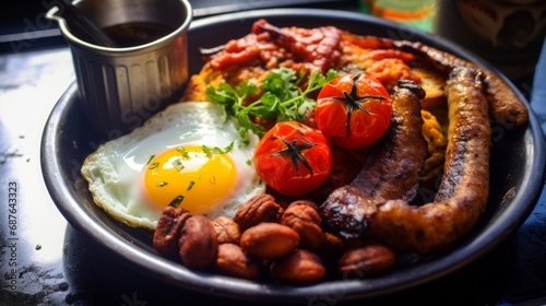 best full english breakfast with crispy bacon, silky scrambled eggs, stewed plum tomatoes, garlic mushrooms, grilled onions in a british gastropub in london, 16:9