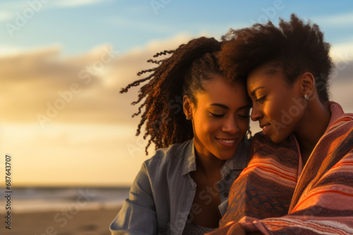 Homosexual female couple embracing on tropical beach at sunset. Lesbian married african american girls at honeymoon in vacation or travelling near the ocean. LGBT concept, love moments 