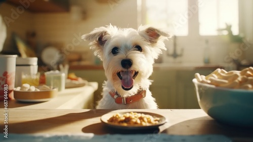 Close-up of a happy little dog about to eat his favorite pet kibble