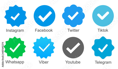 Instagram, Facebook, Twitter, Tiktok, Telegram, Whatsapp, Viber, Youtube, set verified profile badges. Check mark verified account icons. Account verification icon. Guaranteed safety person sign