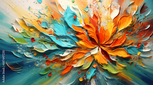 Abstract teal and orange painting of a flower is a vibrant explosion of color and texture.