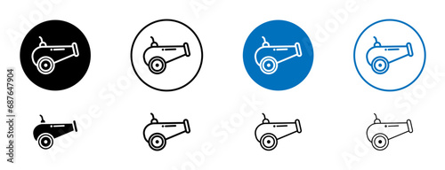 Cannon line icon set. Old vintage canon symbol in black and blue color.