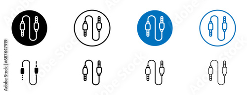 Audio Cable line icon set. Microphone jack cord symbol. Guitar aux plug sign. Music headphone wire sign in black and blue color.