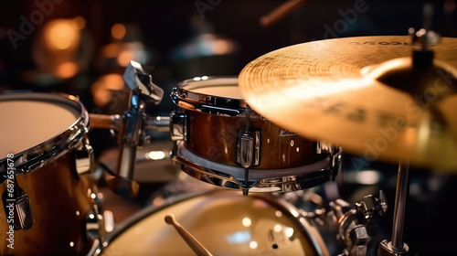A modern drum set on stage for a concert