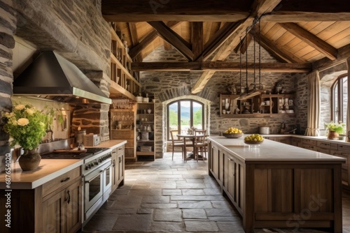 Spacious rustic kitchen with stone walls and high vaulted ceiling made from reclaimed wood