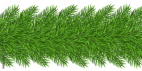Realistic green Christmas tree branches garland isolated on a transparent background. High quality illustration. PNG