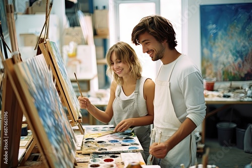 young couple at a painting lessons art studio