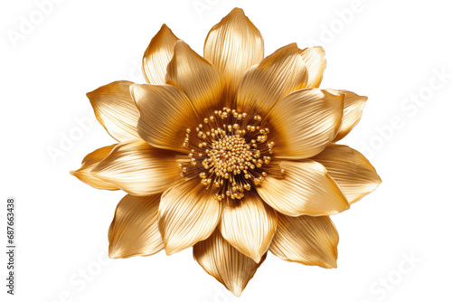 An artistically rendered metallic gold flower against a transparent backdrop, elegant and luxurious.